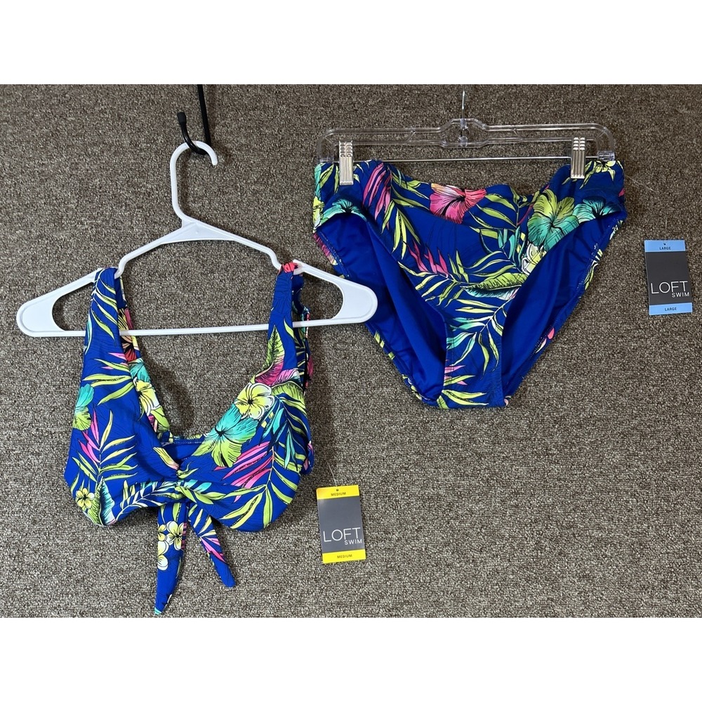 Loft Swim Tropical Floral Bikini Set Blue Pink Medium Womens NWT